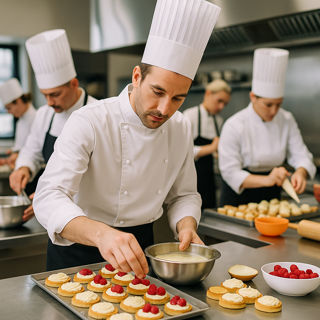 Preparazione professionale della crema pasticcera durante il servizio in cucina
